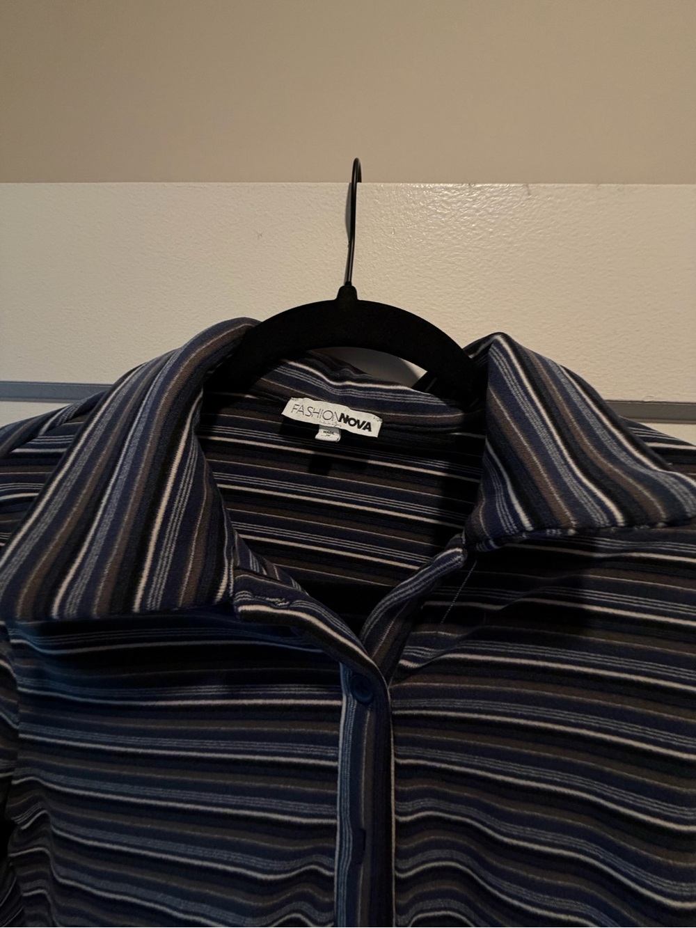 Fashion Nova Navy and White Striped Button Down Shirt